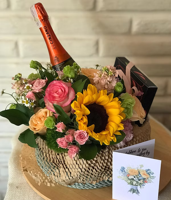 Anniversary Bloom Box with Red Wine, flower delivery Nairobi by Upendo Blooms