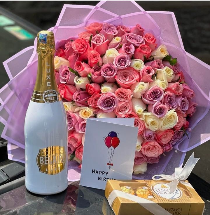 Birthday Combo, Flowers, Cake, Wine and Gifts, flower delivery Nairobi by Upendo Blooms