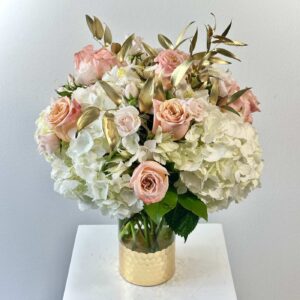 Golden Anniversary Arrangement, Cream Roses & Lilies in Vase, flower delivery Nairobi by Upendo Blooms