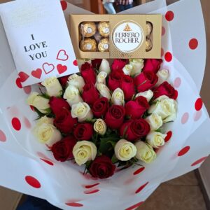 White and Red Roses with Chocolate, flower delivery Nairobi by Upendo Blooms